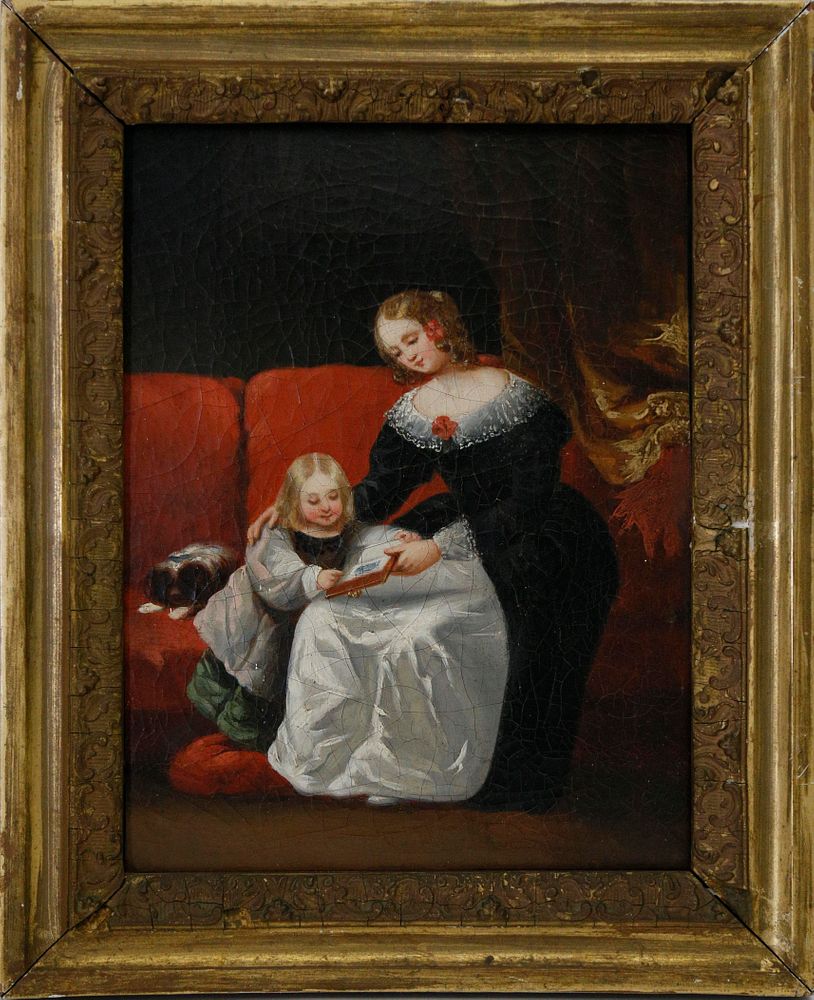 Appraisal: A Girl with her Mother and Puppy th c Oil