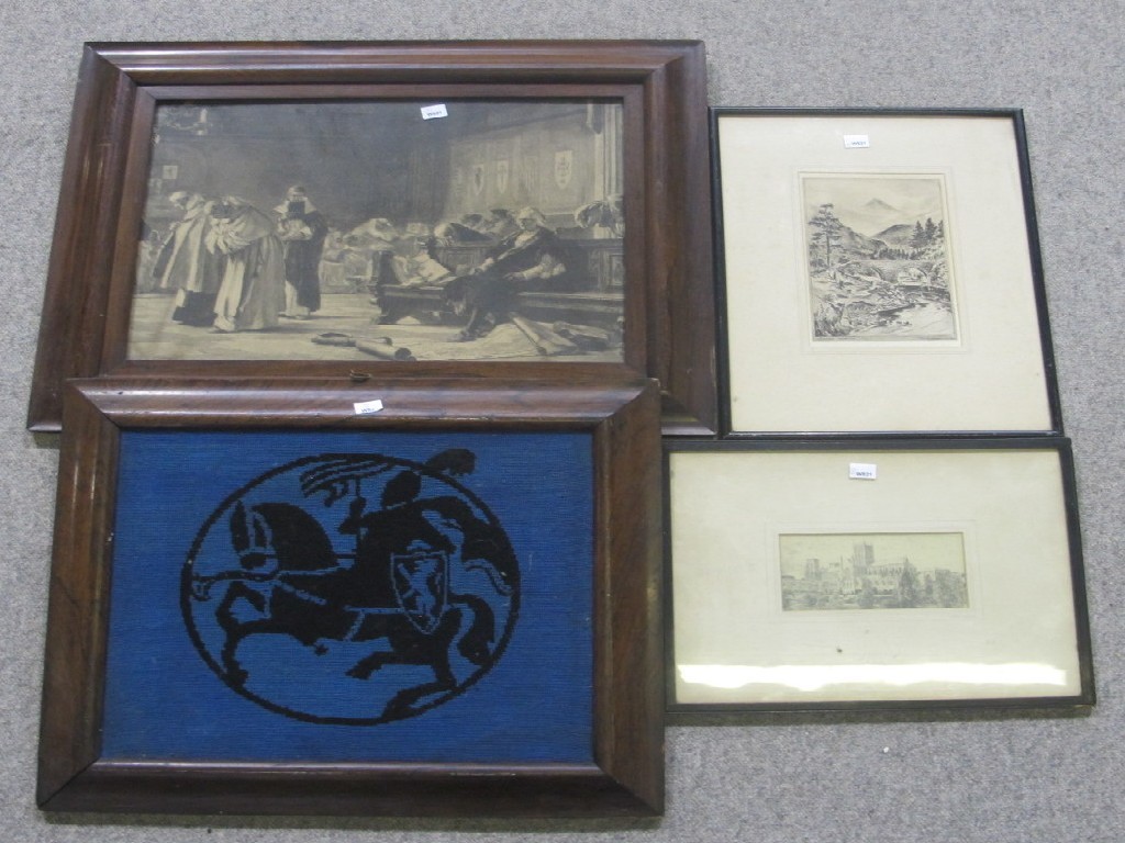 Appraisal: Lot comprising an engraving two prints and a heraldic needlework