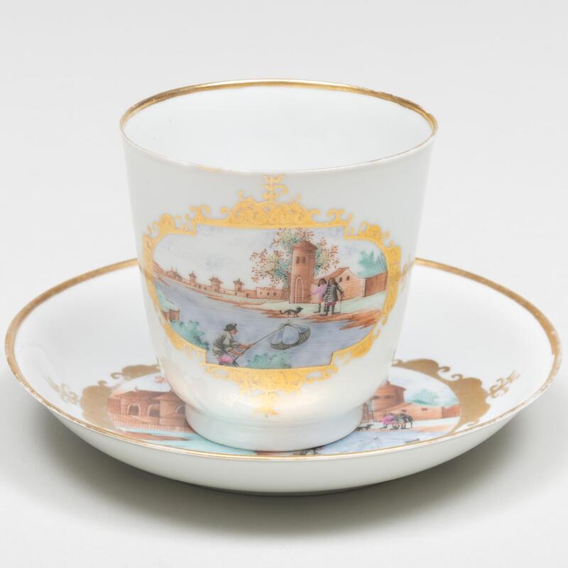 Appraisal: Continental Porcelain Beaker and Saucer with Meissen Style Harbor Scene