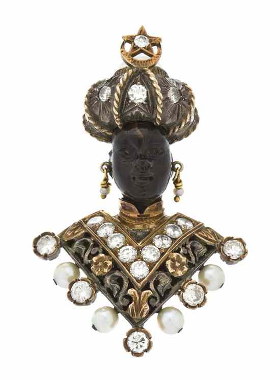 Appraisal: An Karat Gold Diamond Cultured Pearl Moonstone and Amber Blackamoor