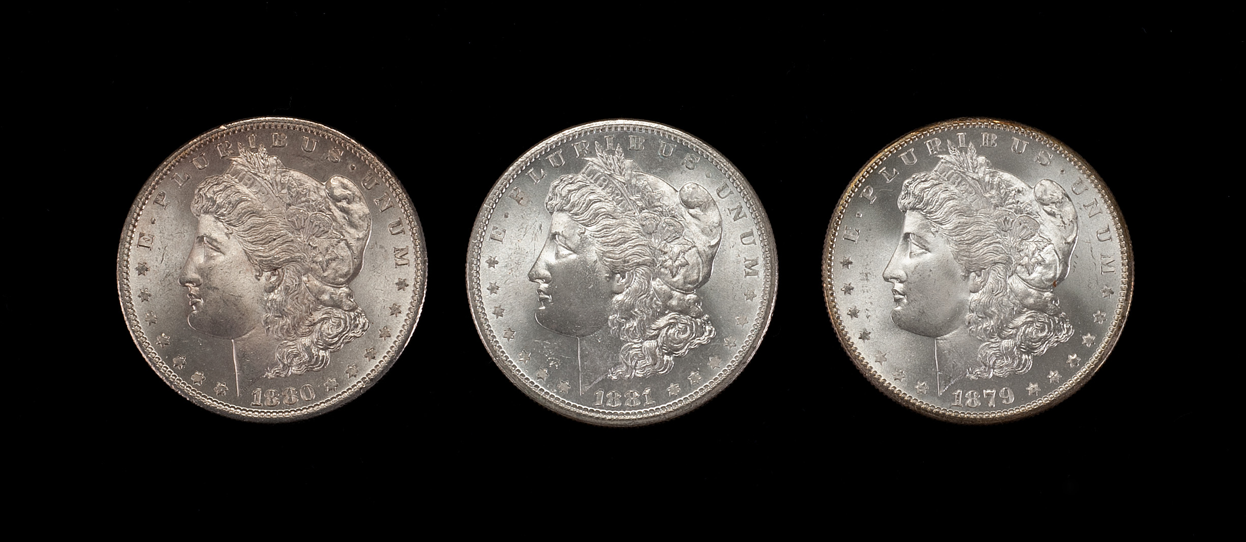 Appraisal: THREE U S MORGAN SILVER DOLLARS -S -S and -S