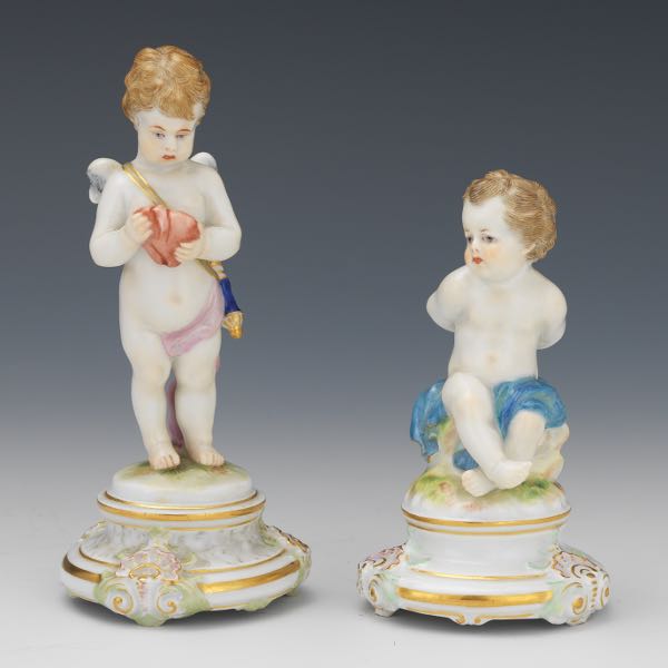 Appraisal: TWO MEISSEN PORCELAIN CABINET FIGURINES OF TAMED AND PUZZLED CUPIDS