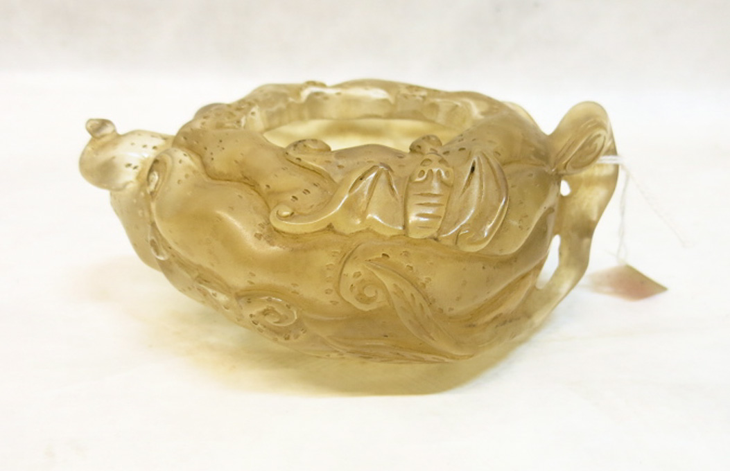 Appraisal: CHINESE CARVED ROCK CRYSTAL BRUSH WASH BOWL a relief-carved and