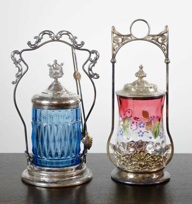 Appraisal: TWO VICTORIAN PICKLE CASTORS one having patterned blue glass silver