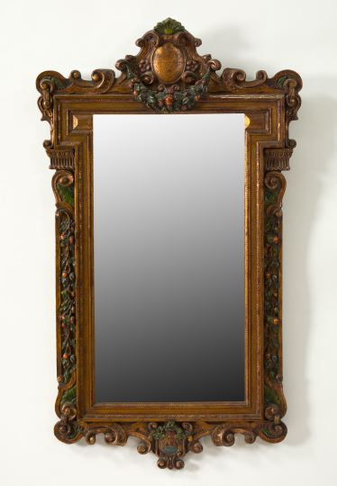 Appraisal: Northern Italian Carved Gilded and Polychrome-Detailed Wooden Looking Glass second