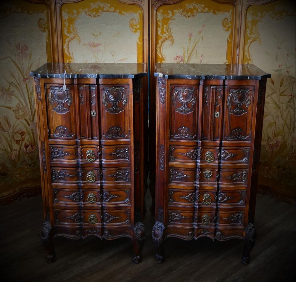 Appraisal: Pr FINE BELGIAN MARBLE TOP CARVED WOODEN CHESTS A pair