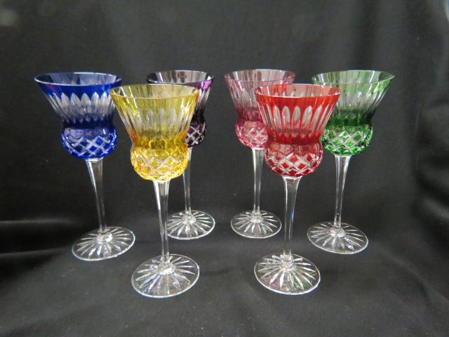 Appraisal: Colored Cut-to-Clear Wine Glasses thistle shape clear stems excellent