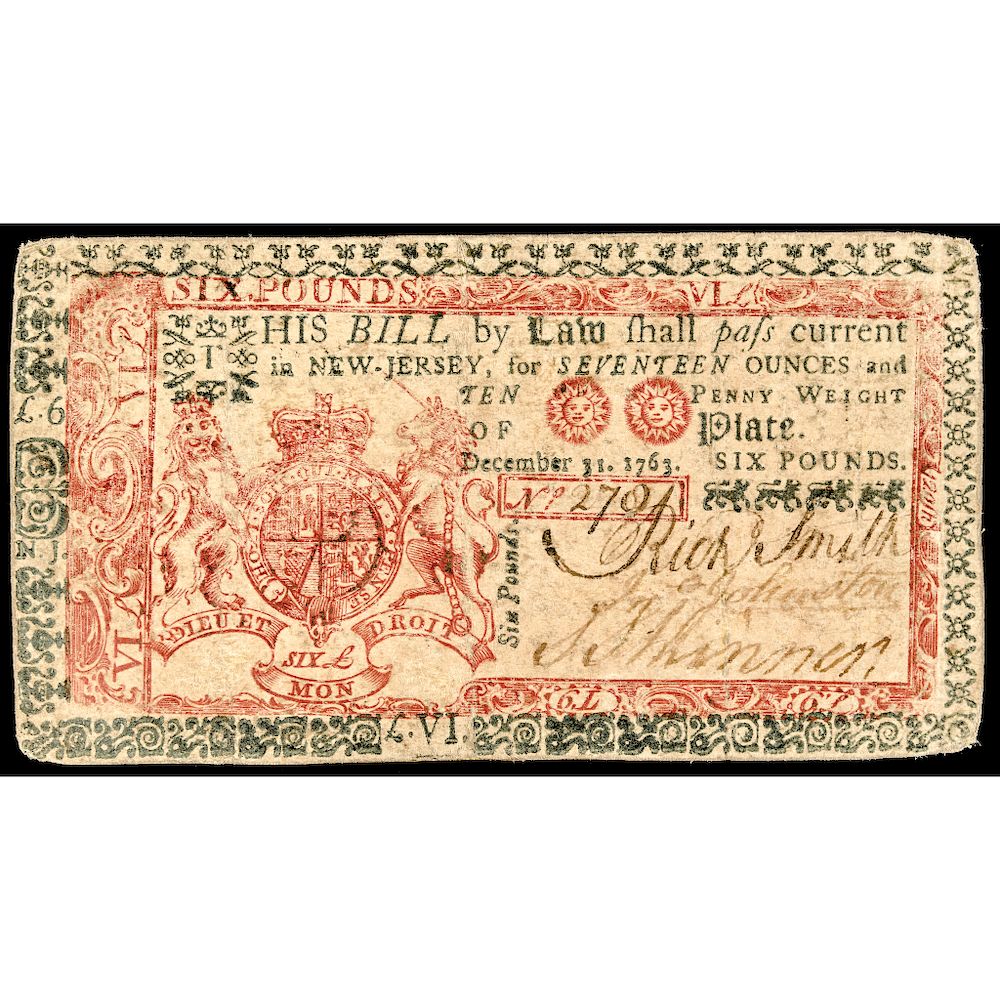 Appraisal: Colonial Currency New Jersey December Blue and Red Six Pounds