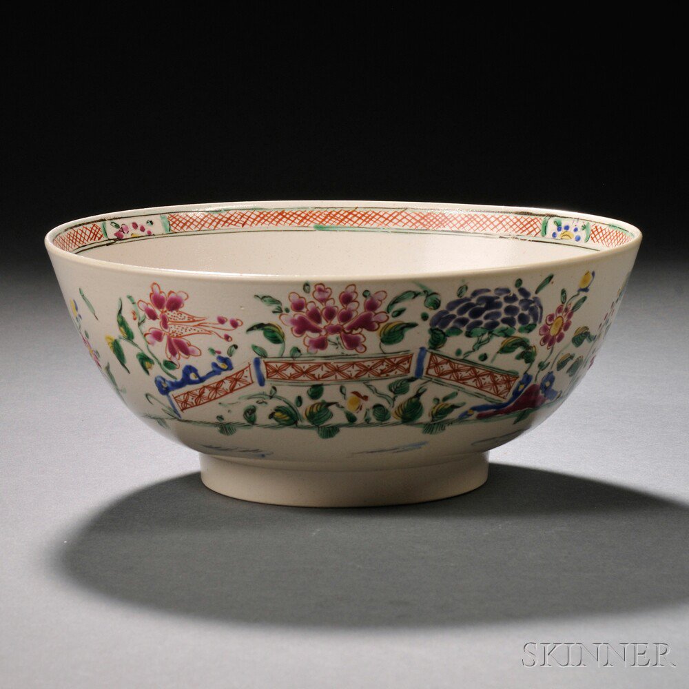 Appraisal: Staffordshire Enameled Salt-glazed Stoneware Bowl England c polychrome fence and