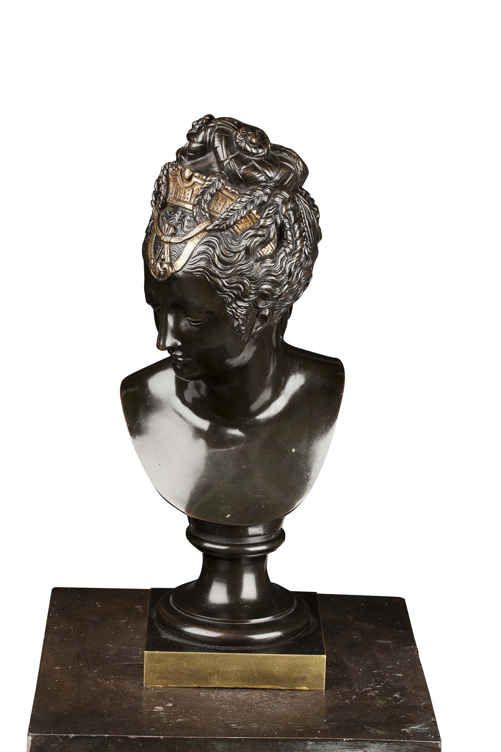 Appraisal: FRENCH BRONZE BUST TH CENTURY modelled as a Classical maiden