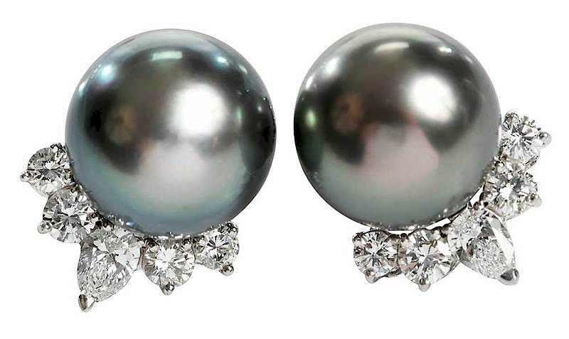 Appraisal: Platinum Pearl and Diamond Earrings each with black Tahitian pearl