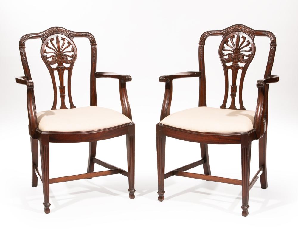 Appraisal: PAIR GEORGE III-STYLE CARVED MAHOGANY ARMCHAIRSPair of George III-Style Carved