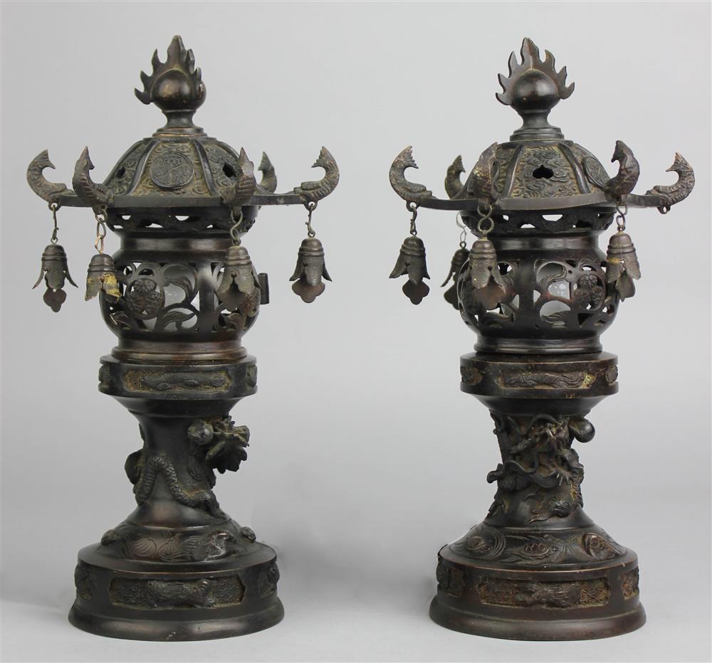 Appraisal: PAIR OF JAPANESE BRONZE MINIATURE ELECTRIFIED TEMPLE LANTERNS MEIJI PERIOD