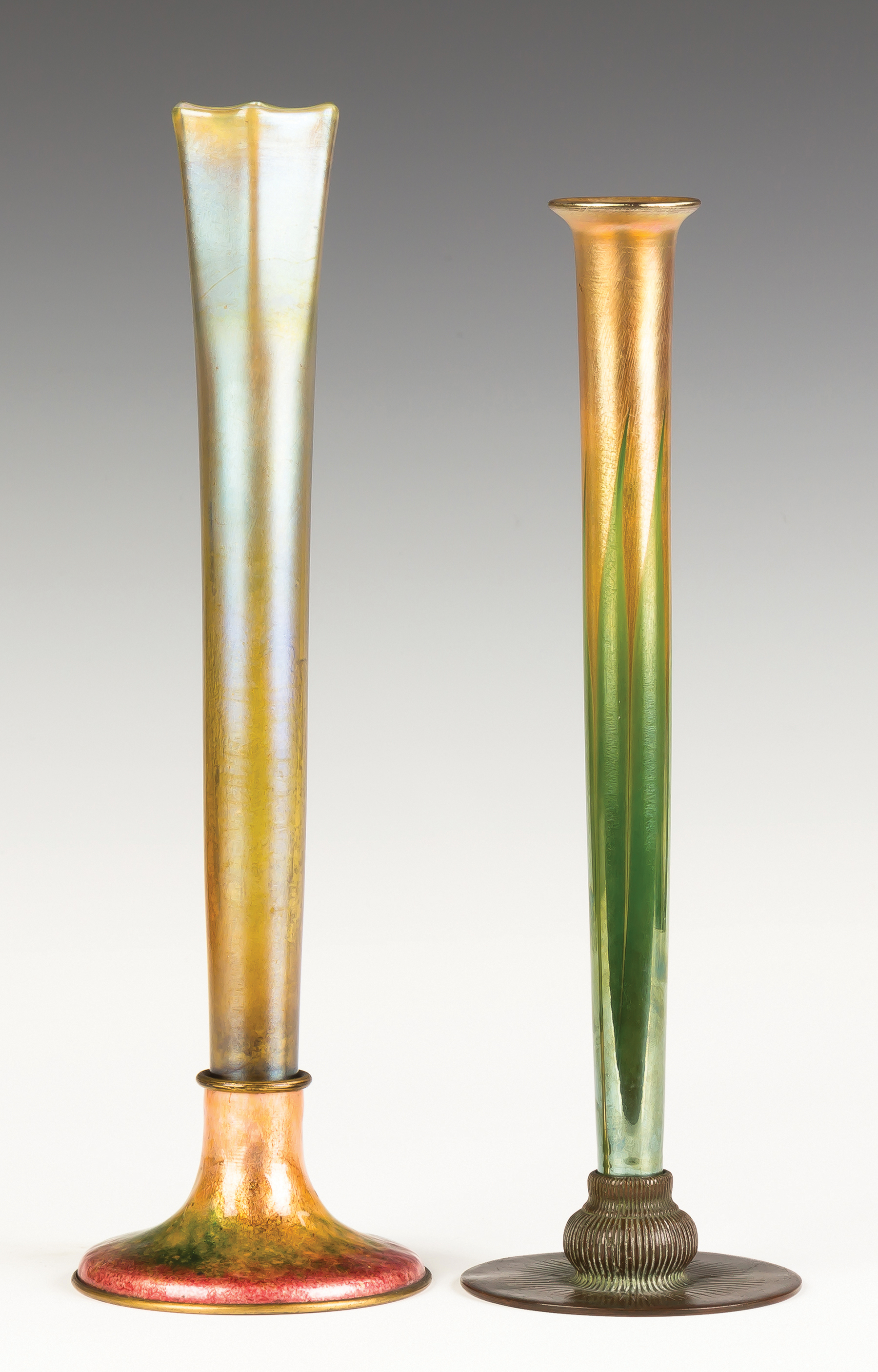 Appraisal: Tiffany Iridescent Vase with Pulled Feather Design and Bronze Base