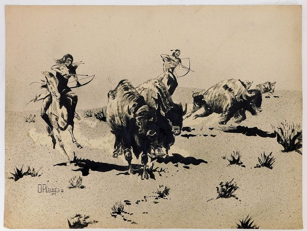 Appraisal: Otto Plaug Western Buffalo Hunting Ink Drawing New York Germany