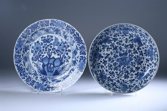 Appraisal: TWO CHINESE BLUE AND WHITE PORCELAIN CHARGERS Floral decoration -