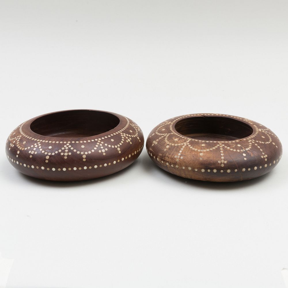 Appraisal: Pair of Inlaid Wood Dishes Probably Moraccan in diam Condition