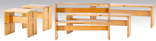 Appraisal: CHARLOTTE PERRIAND Six pine seats four benches and two stools