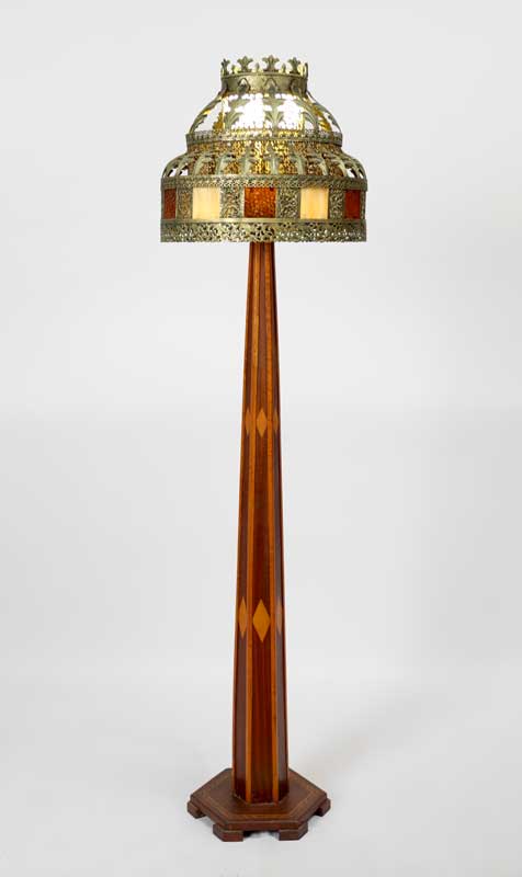 Appraisal: PARQUETRY INLAID WOOD FLOOR LAMP WITH PIERCED BRASS SHADE Parquetry