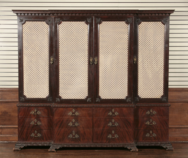 Appraisal: George III Style Mahogany Breakfront Linen Press Locks Impressed Hobbs