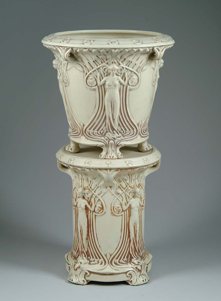 Appraisal: TWO PIECE WELLER JARDINERE Outstanding Weller jardinere is decorated on