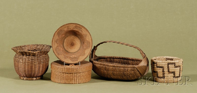 Appraisal: Group of Five Woven Baskets and Basketry Bowls early th