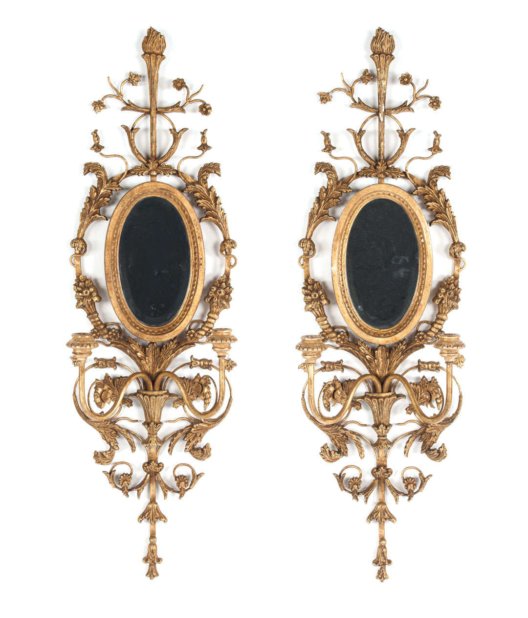 Appraisal: Pair of Adam's style carved giltwood sconces oval beveled mirrored