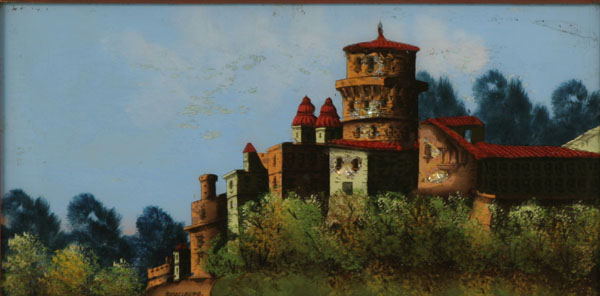 Appraisal: German cottages and estates reverse painted on glass view of