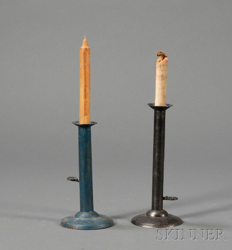 Appraisal: Two Iron Hogscraper-form Candlesticks America early th century one painted