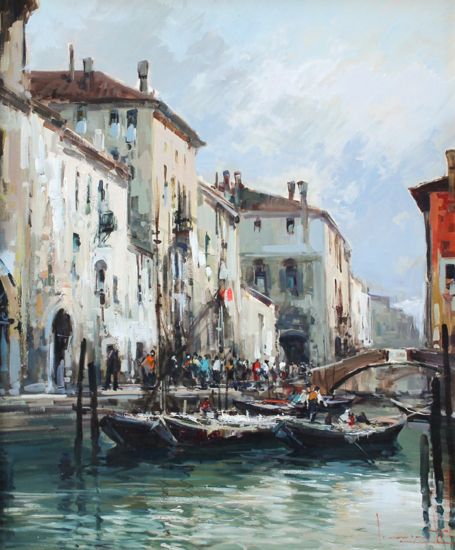 Appraisal: ILLEGIBLY SIGNED VENETIAN CANAL PAINTING Oil Canvas '' x ''