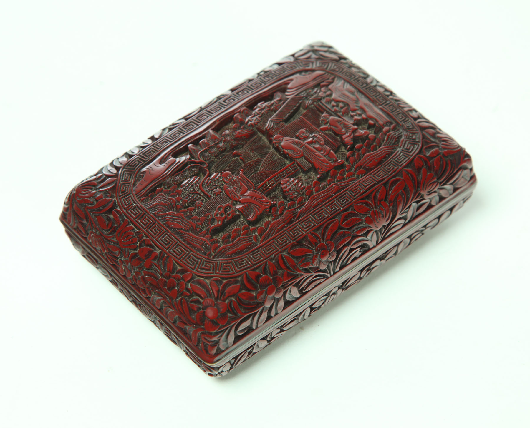 Appraisal: CINNABAR BOX China possibly Qianlong - Mountain scene Carved lacquer