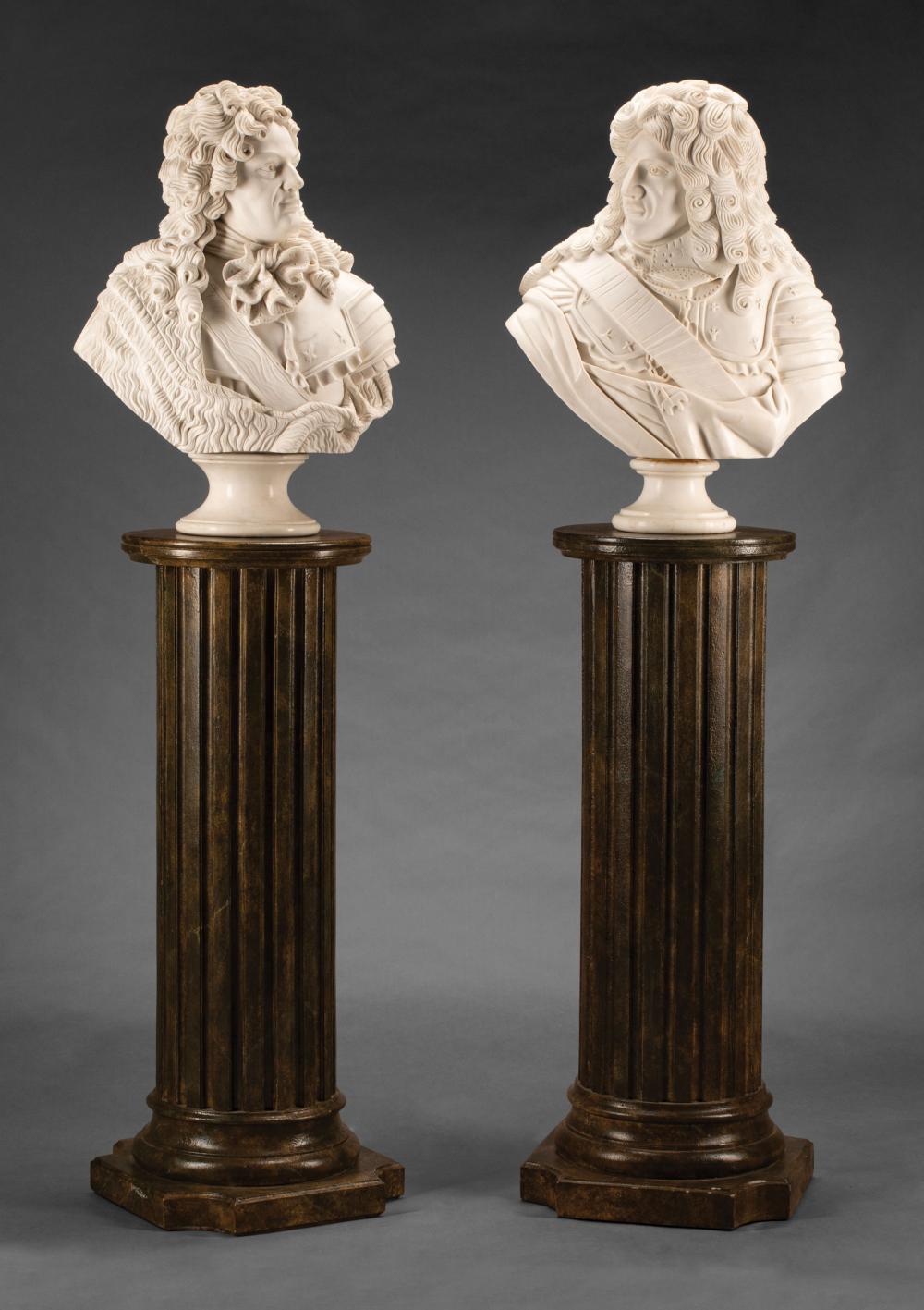 Appraisal: Pair of Louis XIV-Style Carved White Marble Busts of Noblemen