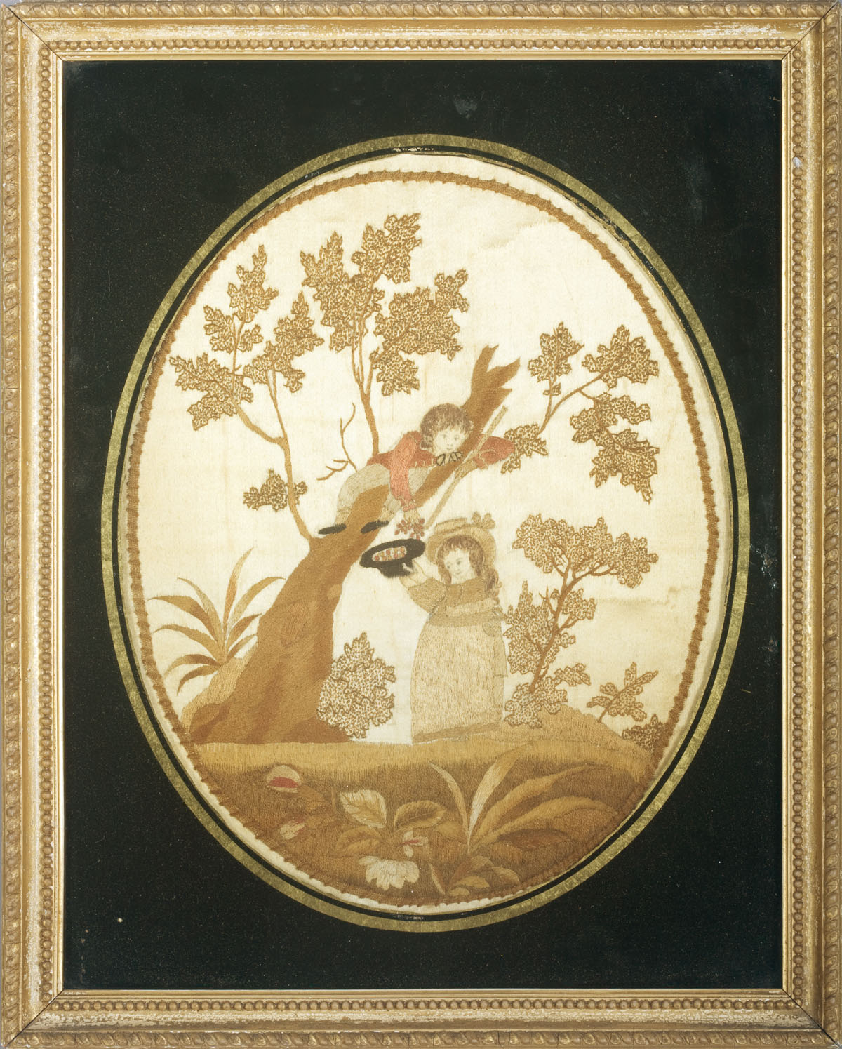 Appraisal: ENGLISH NEEDLEWORK PICTURE OF CHILDREN PICKING CHERRIES In a giltwood