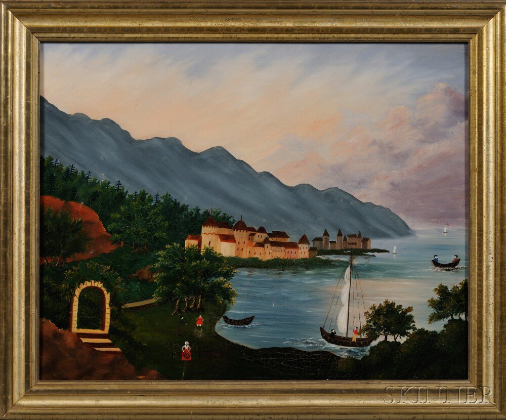 Appraisal: American School th Century Village Harbor Scene Unsigned Oil on