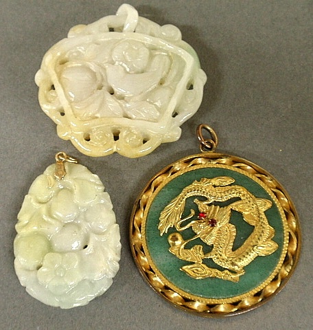 Appraisal: - Green jade and k gold pendant with gold dragon