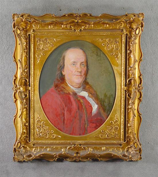 Appraisal: Portrait of Benjamin Franklin Oil on canvas In red westkit