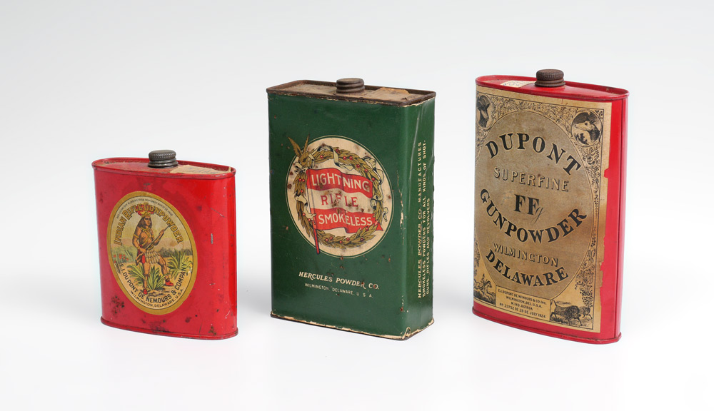 Appraisal: COLLECTION OF GUNPOWDER TINS pieces total to include Indian Rifle