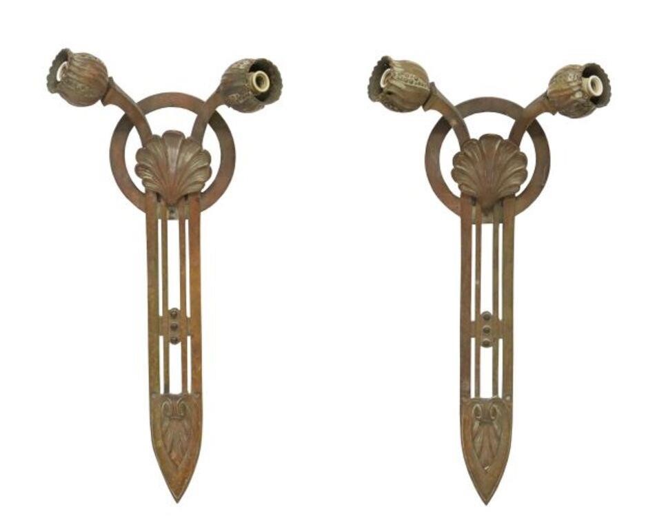 Appraisal: pair Art Nouveau bronze two-light sconces early th c flower