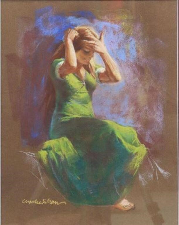 Appraisal: Framed pastel drawing on paper Woman in Green Dress signed