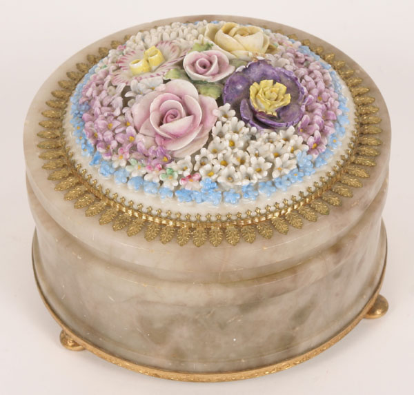 Appraisal: Round alabaster box with gilt metal trim and hand molded