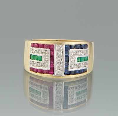 Appraisal: A Ladies' Sapphire Ruby Emerald and Diamond Ring k yellow