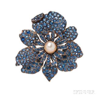 Appraisal: Antique Gold Sapphire and Pearl Flower Brooch pave-set with cushion-