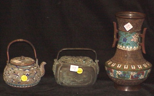 Appraisal: Asian metalware champleve vase h enamelled teapot with swing handle