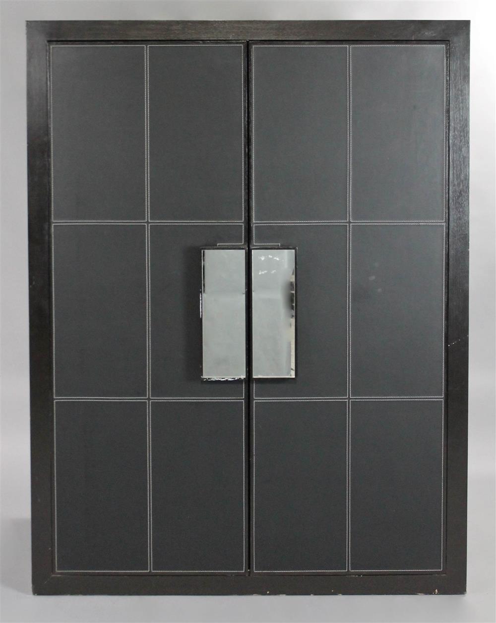 Appraisal: CONTEMPORARY EBONIZED AND LEATHER INSET CABINET WITH MIRRORED HANDLES of