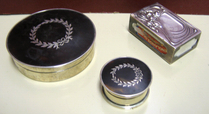 Appraisal: THREE TORTOISESHELL AND SILVER BOXES Two round vanity boxes with