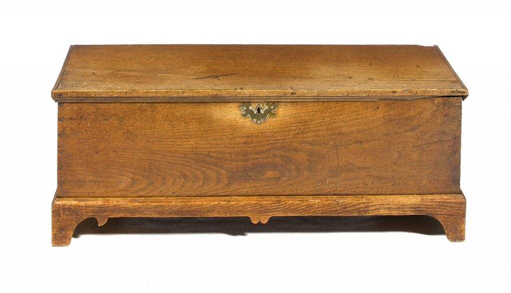 Appraisal: A GEORGE III BOARDED OAK BOX with iron hinges and