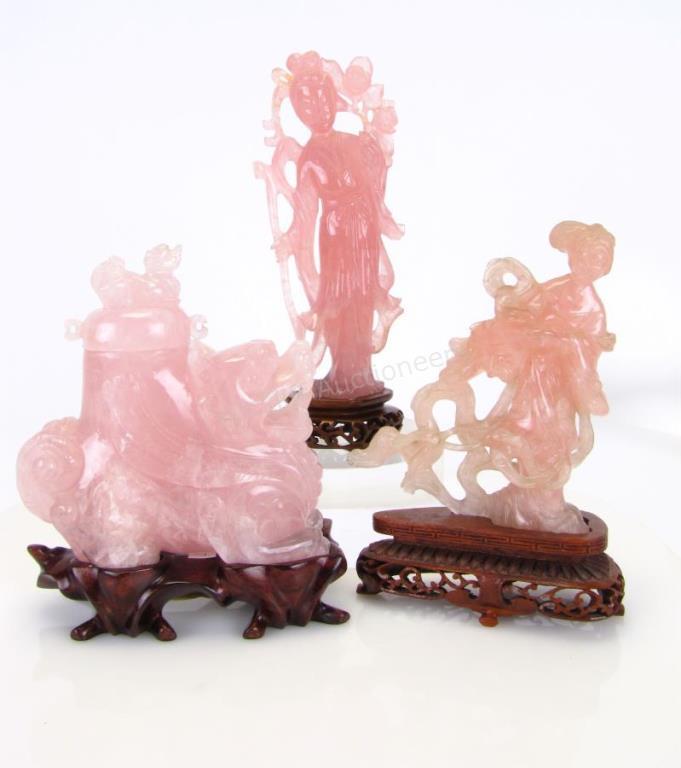 Appraisal: Three Pink Quartz Oriental Carvings one depicting a woman in