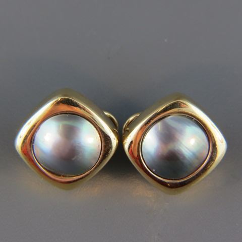 Appraisal: Black Mabe Pearl Earrings k yellow gold mm pearls Omega