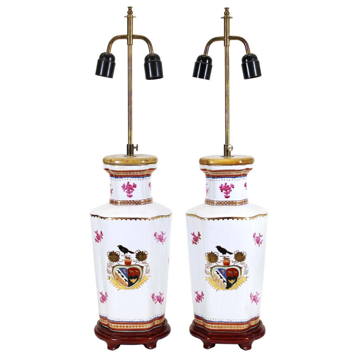 Appraisal: CHINESE EXPORT ARMORIAL PORCELAIN VASE TABLE LAMPS Chinese Export armorial