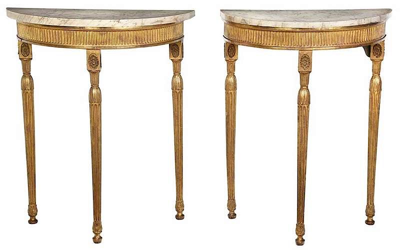 Appraisal: Pair of Adam Demilune Tables with Marble Tops British th